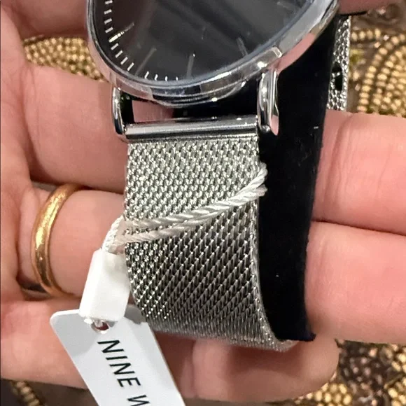 Nine West Men's Watch with Black Dial and Silver Mesh Band
